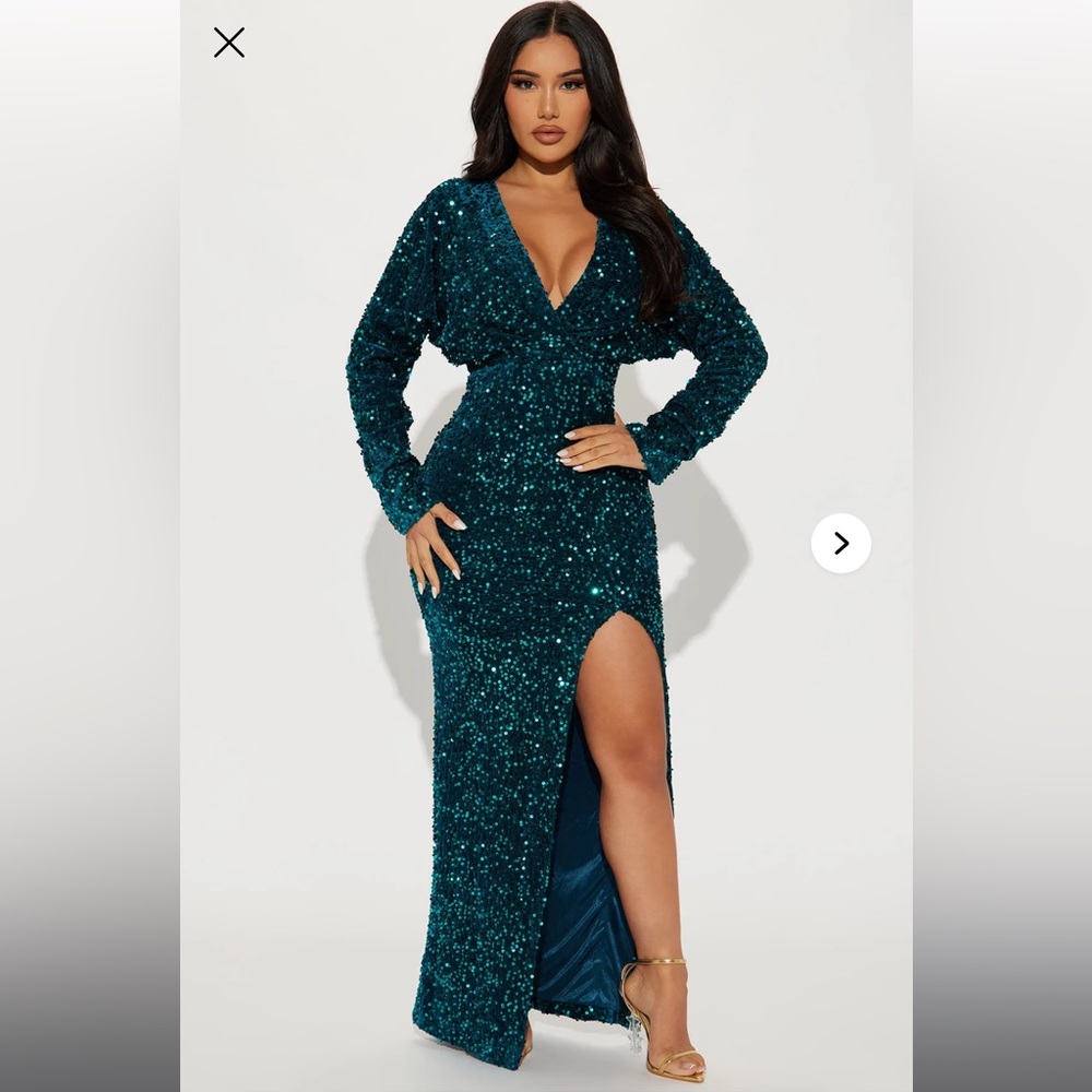 Fashion Nova Emerald Sequin Long Sleeve Dress